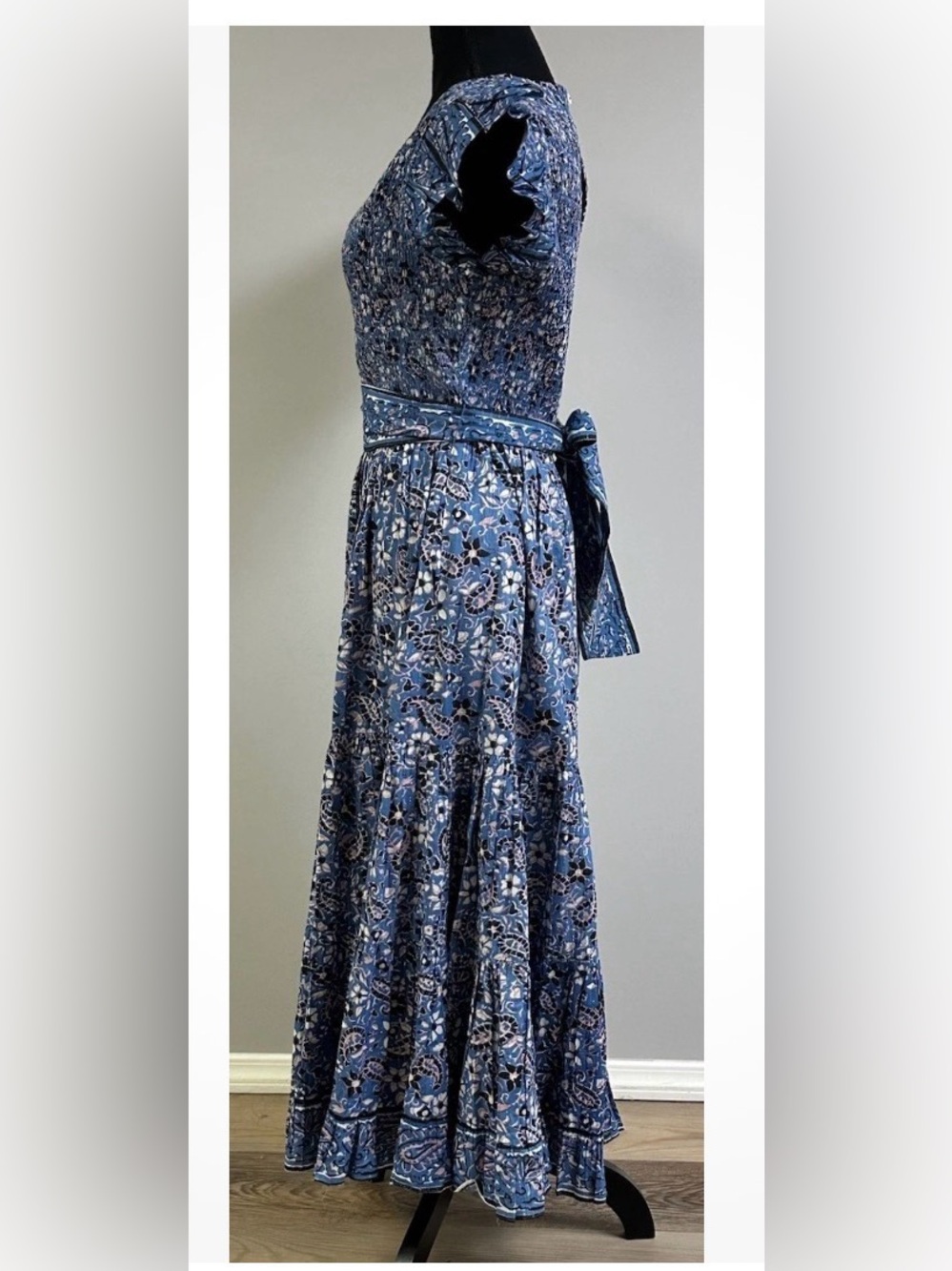 Cleobella Autumn Midi Dress Blue Paisley Floral Flutter Sleeve Smocked Size M - Picture 3 of 14